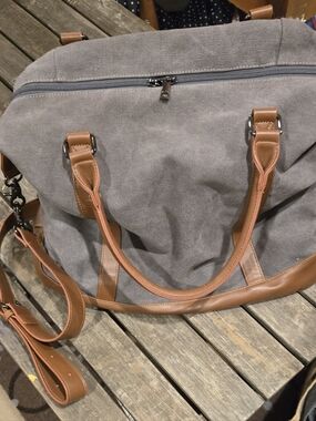 Gray Canvas Weekender Bag with Brown Trim